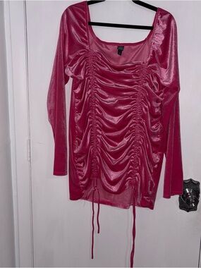 wild fable Fuchsia Ruched Long-Sleeve Satin Top